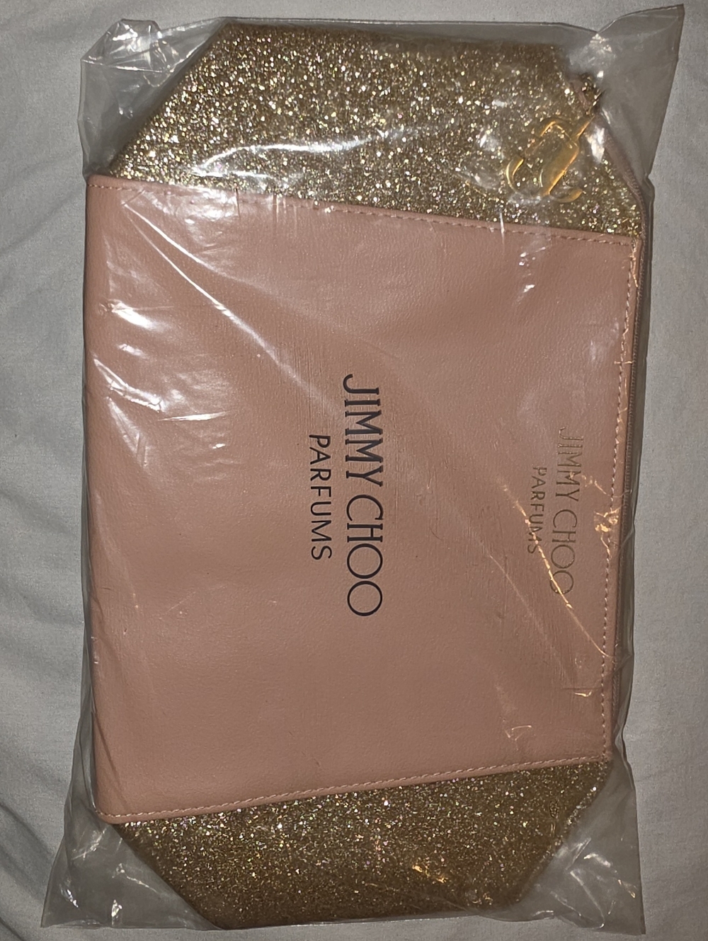 Jimmy Choo Blush Pink and Gold Glitter Makeup Pouch